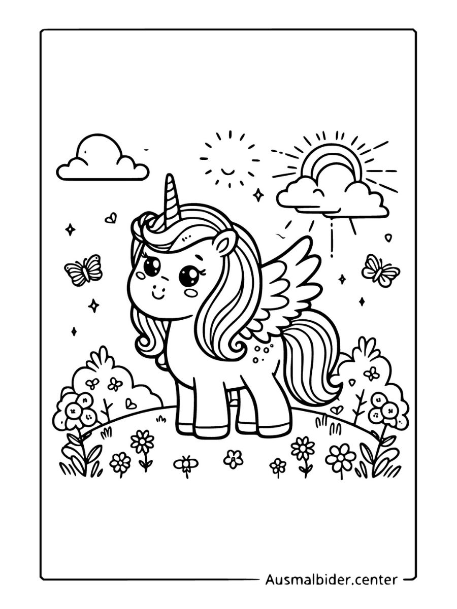 Ausmalbild Einhorn mit Flügeln, glücklich in einer Wiese mit Blumen