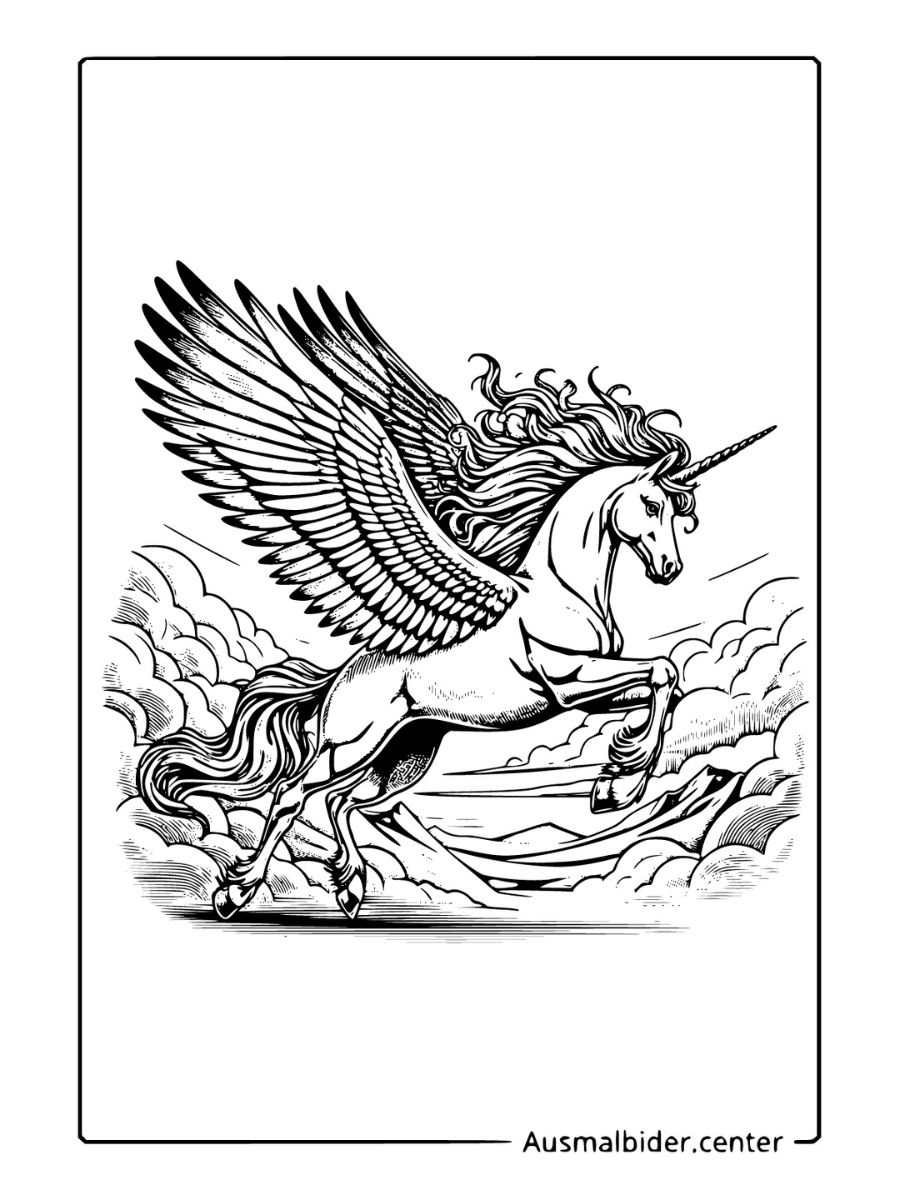 Detailreiches Einhorn mit Flügeln Ausmalbild, Berge und blauer Himmel