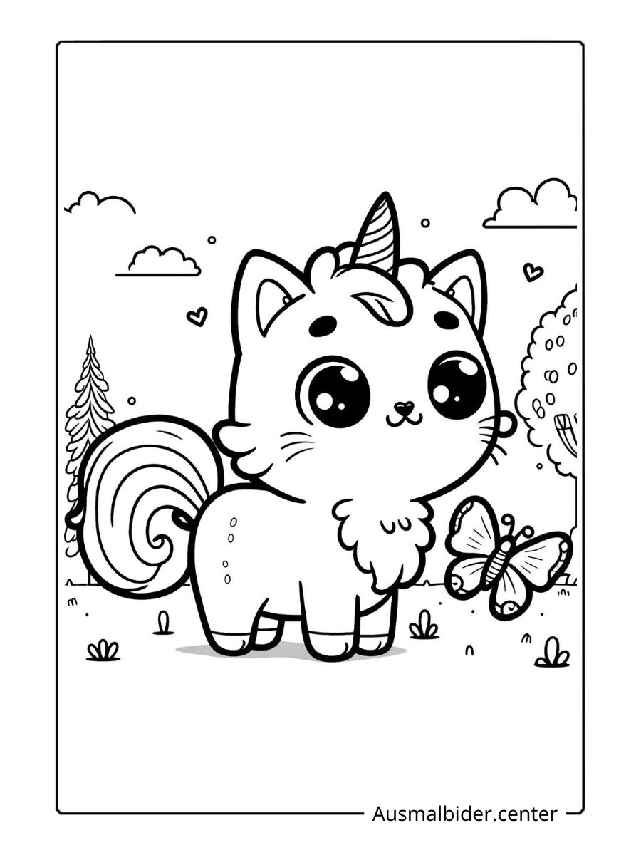 Einhorn Katze Ausmalbild Einhornkatze mit Bäumen und Wolken