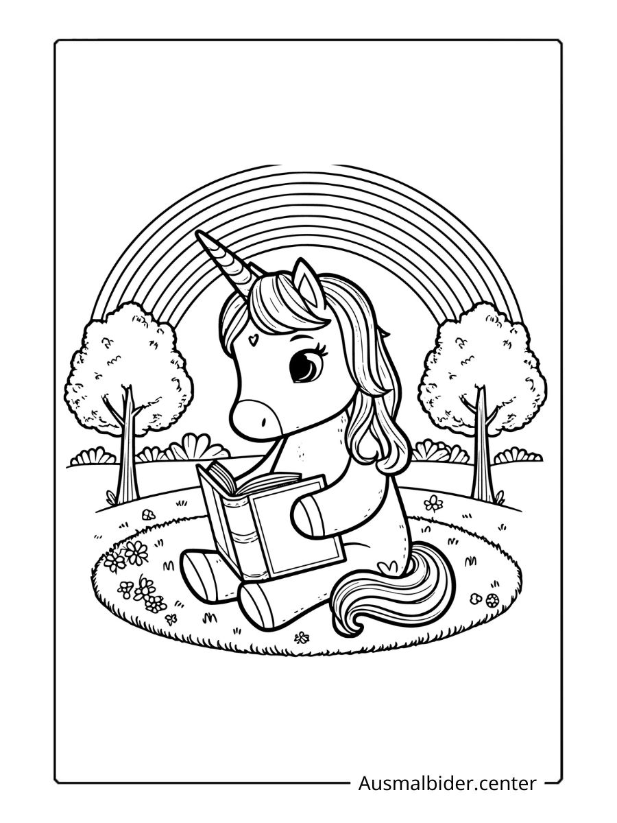 Ausmalbild Einhorn liest unter einem Regenbogen.