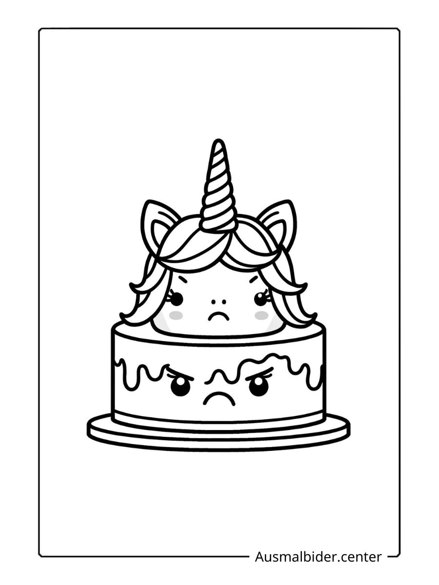 Einhornkuchen Ausmalbild mit wütendem Gesicht und Einhornkopf.